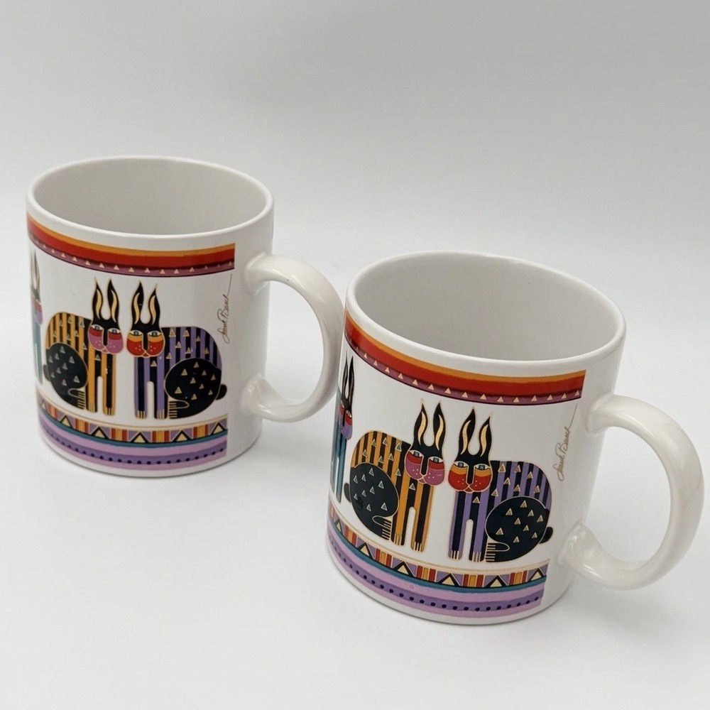 Laurel Burch Bunnies Coffee Mug Set 2 Vintage 1990 Made in Japan Colorful